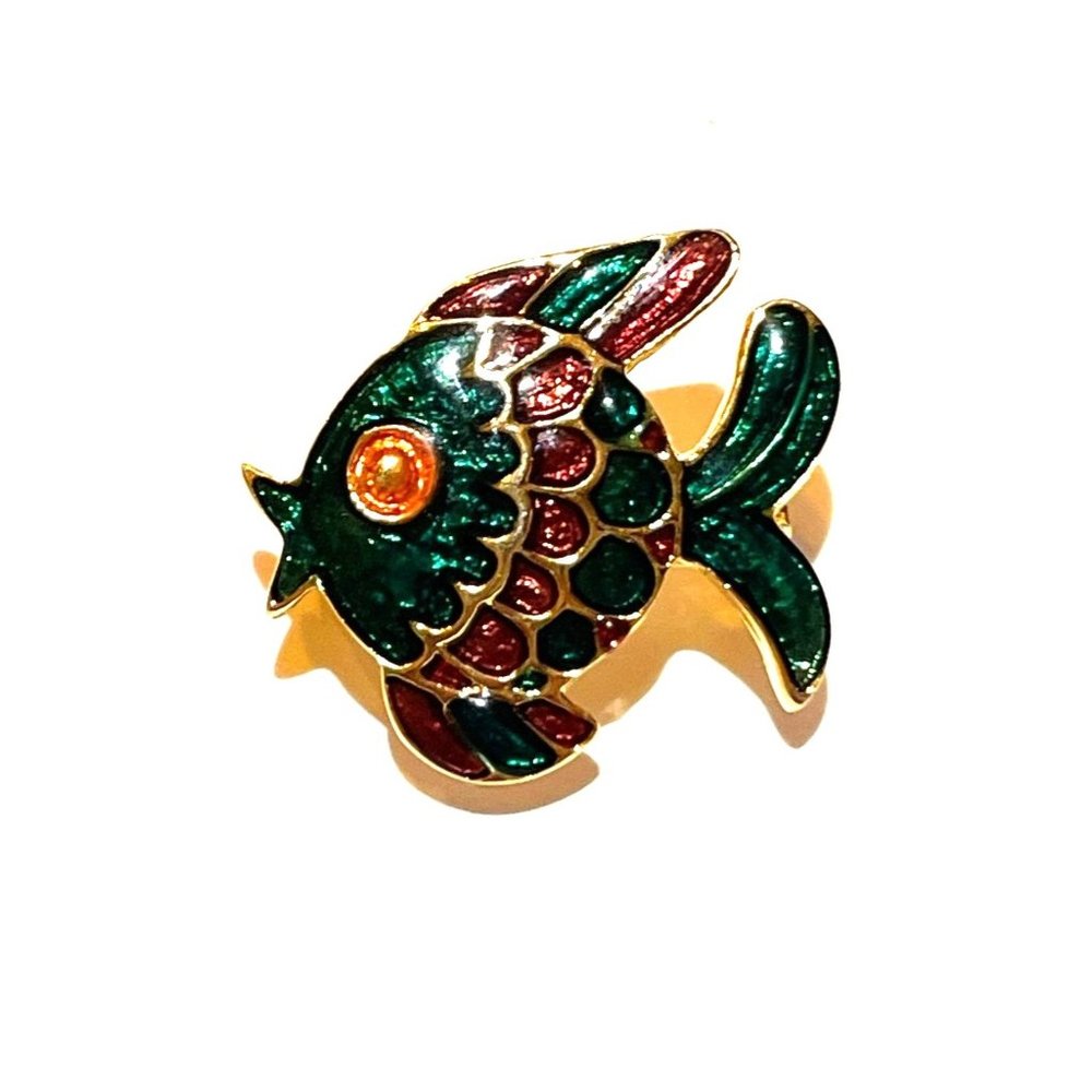 Green Red and Gold Cloisonné Puffy Fish Shaped Brooch Signed Ivana Adorable!